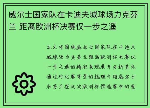 威尔士国家队在卡迪夫城球场力克芬兰 距离欧洲杯决赛仅一步之遥 威尔士国家队在卡迪夫城球场力克芬兰 距离欧洲杯决赛仅一步之遥