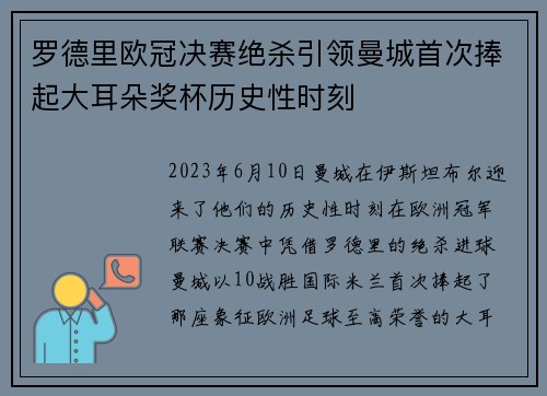 罗德里欧冠决赛绝杀引领曼城首次捧起大耳朵奖杯历史性时刻